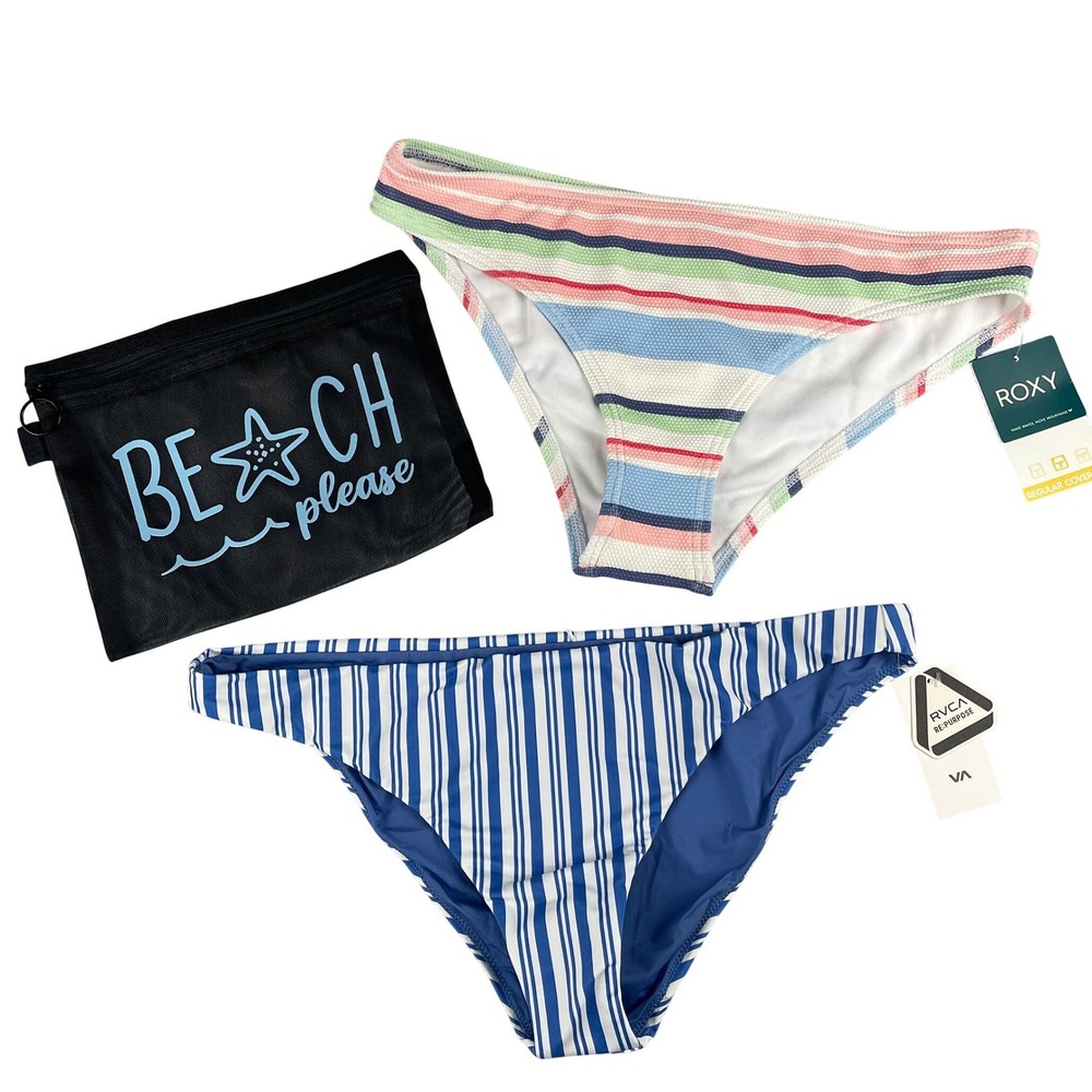 Roxy & RVCA Bikini Bottoms Bundle NWT Striped Swimwear Large with Mesh Pouch
